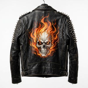 May include: Black leather jacket with a skull engulfed in flames design on the back. The jacket features silver-toned spiked studs on the shoulders and lapels, a classic biker style with a zipper closure.