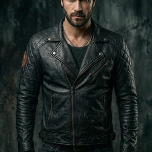 May include: Black leather jacket with a quilted design on the shoulders and sleeves. The jacket has a zipper closure, multiple pockets, and a small patch on the upper arm. The person in the image is also wearing a black beanie, gloves, and a silver chain necklace.