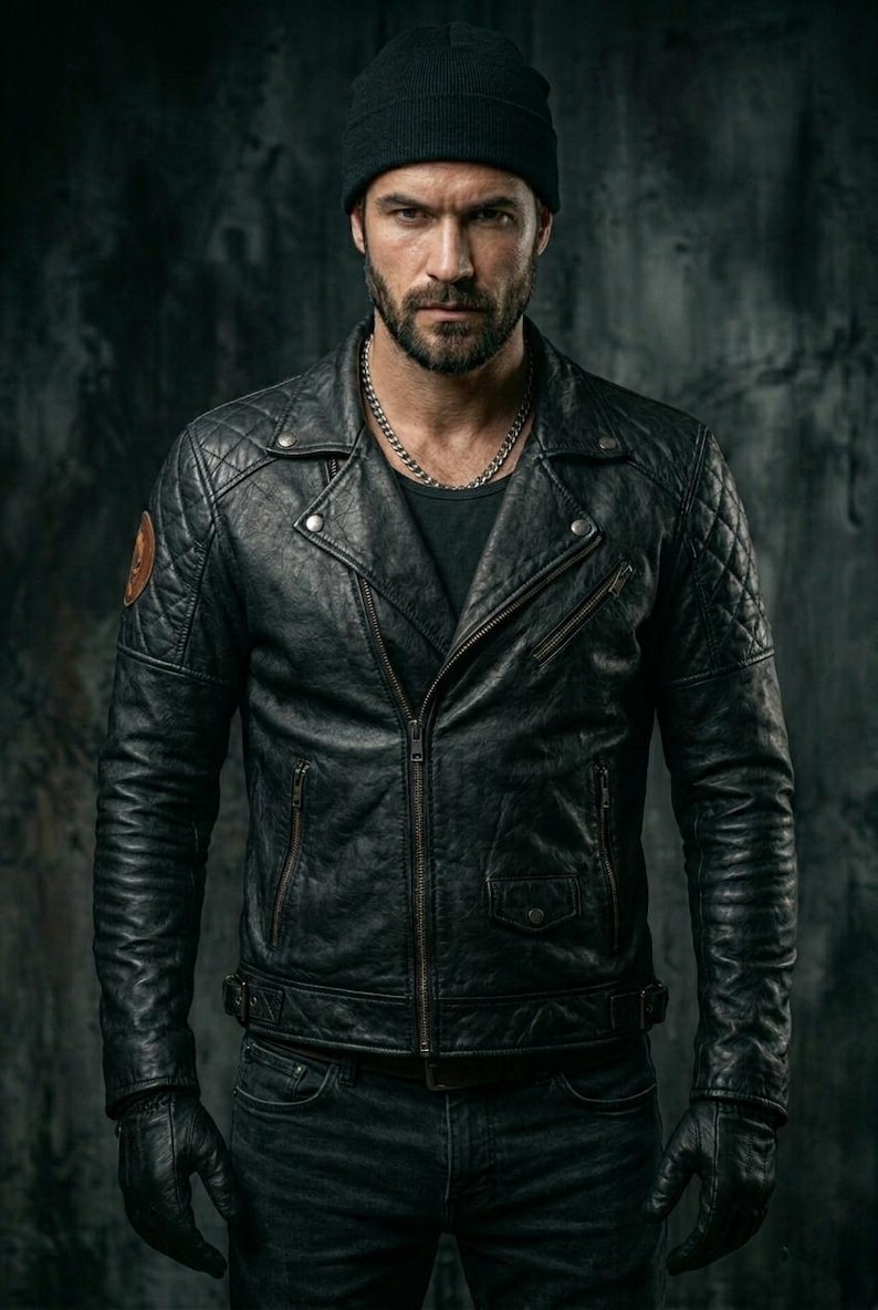 May include: Black leather jacket with a quilted design on the shoulders and sleeves. The jacket has a zipper closure, multiple pockets, and a small patch on the upper arm. The person in the image is also wearing a black beanie, gloves, and a silver chain necklace.