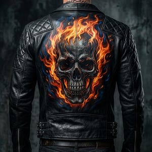 May include: Black leather jacket featuring a flaming skull design on the back. The skull is detailed with orange and yellow flames against a blue background. The jacket has a quilted shoulder design and a classic biker style.