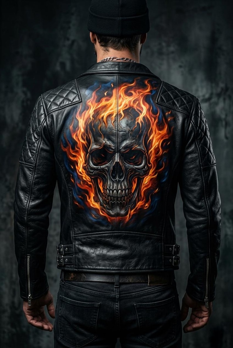 May include: Black leather jacket featuring a flaming skull design on the back. The skull is detailed with orange and yellow flames against a blue background. The jacket has a quilted shoulder design and a classic biker style.
