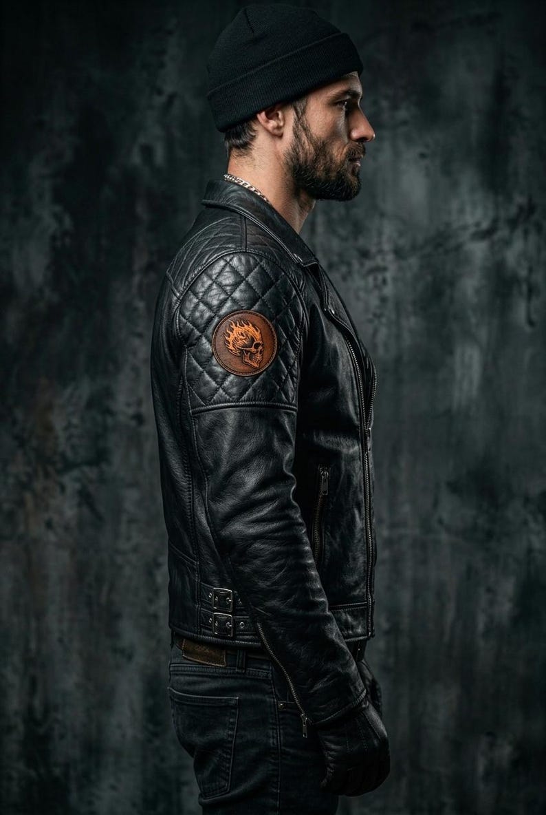 May include: Black leather jacket with quilted shoulder detail and a skull patch. The jacket features a classic biker style with a zip closure and a fitted silhouette. The model is wearing a black beanie and dark jeans.