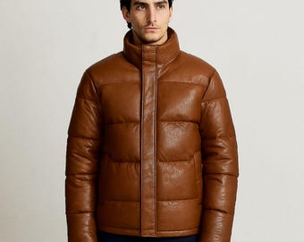 Chaqueta acolchada de cuero genuino marrón hecha a mano, abrigo bomber acolchado y aislante, ropa de abrigo de invierno de lujo, ropa de hombre para clima frío.