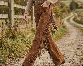 Pantalones de gamuza marrón con flecos / Pantalones de cuero estilo boho de talle alto / Ropa para festivales de estilo western
