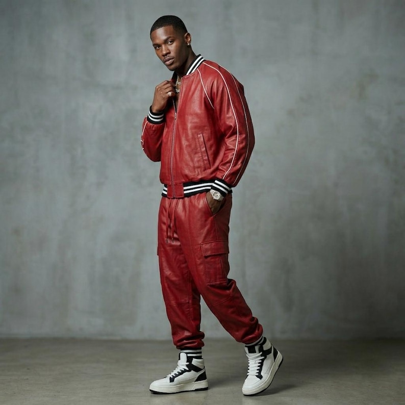 Puede incluir: Chaqueta bomber de cuero rojo con ribetes blancos y pantalones cargo de cuero rojo a juego. La chaqueta tiene pu&ntilde;os a rayas blancas y negras. El conjunto se combina con zapatillas altas blancas y negras.