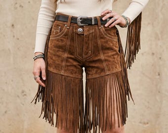 Shorts de cuero con flecos, shorts de cuero de gamuza marrón para mujer / Conjunto bohemio estilo festival western / Estilo suroeste