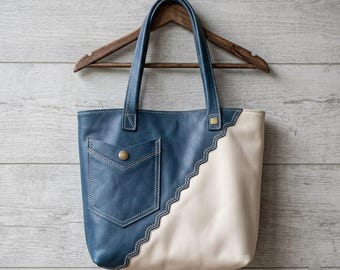 Bolso tote de cuero azul y blanco para mujer / Bolso de mano de cuero con bloques de color hecho a mano / Bolso de hombro grande para uso diario / Bolso de cuero minimalista de regalo