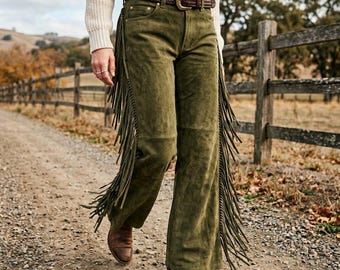Pantalones de gamuza verde oliva con flecos / Pantalones de cuero estilo western para mujer / Pantalones de gamuza bohemios de pierna ancha con flecos largos