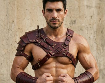Hombreras de cuero hechas a mano, arnés de gladiador burdeos para hombre, hombreras góticas steampunk, disfraz de guerrero medieval, arnés de disfraz