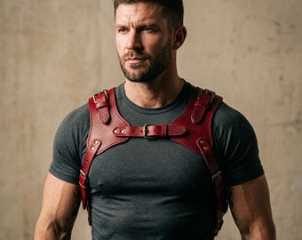 Arnés de cuero rojo sangre hecho a mano, chaleco táctico vikingo para hombre, tirantes ajustables color carmesí, armadura de hombro steampunk, equipo para festivales