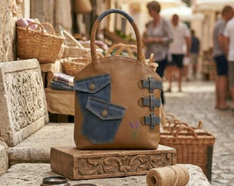 Bolso de piel auténtica con bolsillos de patchwork vaquero / Bolso tote bohemio hecho a mano / Cartera de piel para mujer / Regalo único para ella