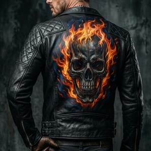 May include: Black leather jacket with a quilted shoulder design and a skull graphic engulfed in flames on the back. The jacket has a classic biker style with a zipper closure and a fitted silhouette.