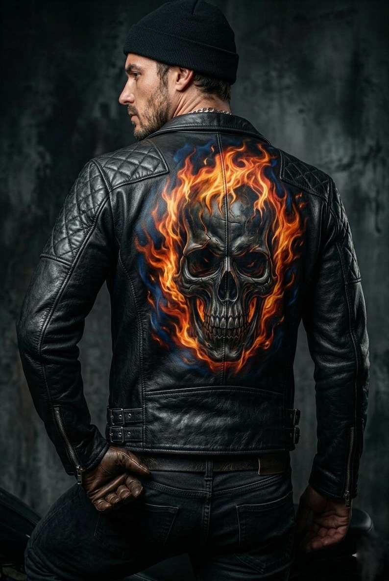 May include: Black leather jacket with a quilted shoulder design and a skull graphic engulfed in flames on the back. The jacket has a classic biker style with a zipper closure and a fitted silhouette.
