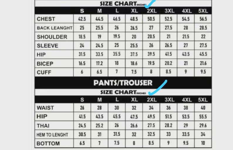 Puede incluir: Una tabla de tallas de ropa, que muestra medidas en pulgadas. La tabla incluye medidas de pecho, largo de espalda, hombro, manga, cadera, b&iacute;ceps y pu&ntilde;o para camisas. Tambi&eacute;n muestra medidas de cintura, cadera, muslo, largo del dobladillo y bajo para pantalones.
