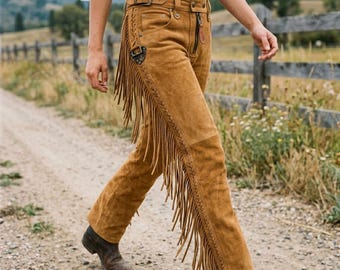 Pantalones rústicos bohemios de ante color camel con flecos – Elegancia de estilo western