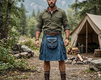 Falda escocesa utilitaria de cuero azul para hombre, con bolsillos cargo y bolsa para sporran.