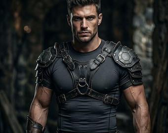 Czarny skórzany pas piersiowy i naramienny – wytrzymały kostium gladiatora do cosplayu