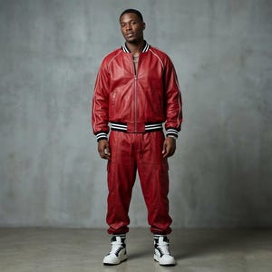 Puede incluir: Chaqueta bomber de cuero roja con ribete blanco y pantalones cargo de cuero rojo a juego. La chaqueta tiene cuello y pu&ntilde;os a rayas blancas y negras. Los pantalones tienen bolsillos cargo. El conjunto se combina con zapatillas altas en blanco y negro.