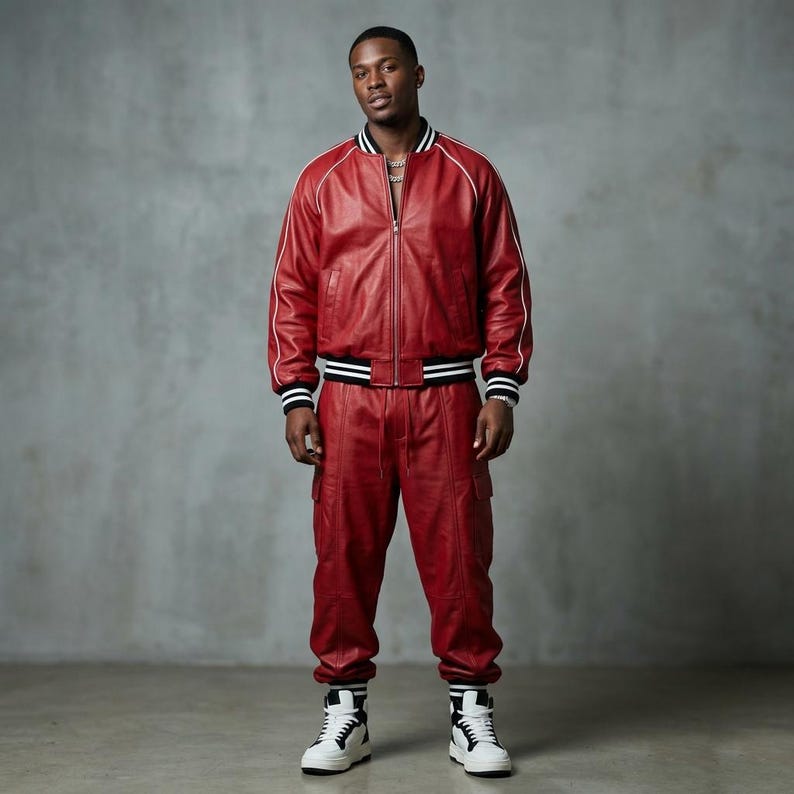 Puede incluir: Chaqueta bomber de cuero roja con ribete blanco y pantalones cargo de cuero rojo a juego. La chaqueta tiene cuello y pu&ntilde;os a rayas blancas y negras. Los pantalones tienen bolsillos cargo. El conjunto se combina con zapatillas altas en blanco y negro.