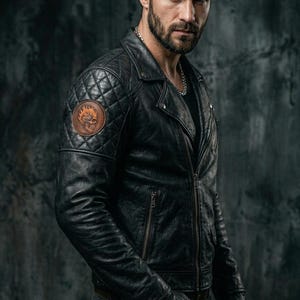 May include: Black leather jacket with a quilted shoulder design and a skull patch. The jacket has a zipper closure and is worn with a black beanie and gloves. A silver chain is visible at the neck. The overall style is edgy and modern.