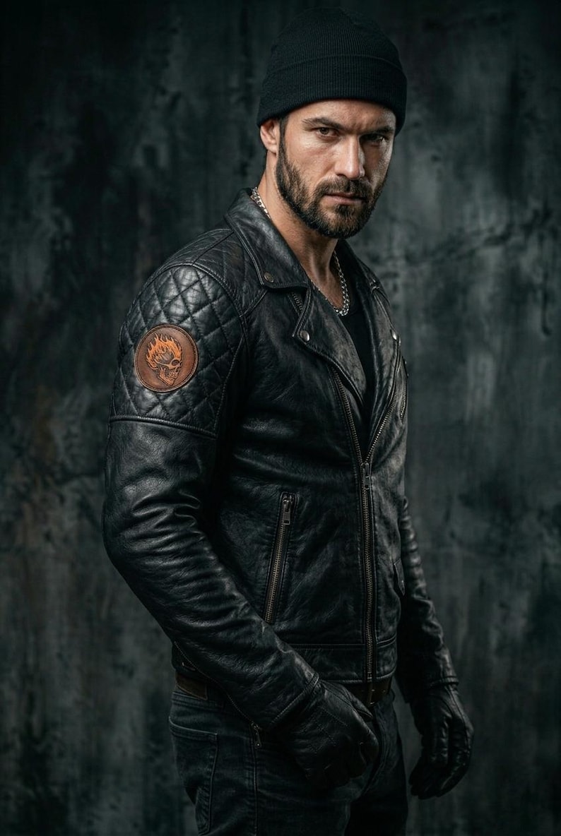 May include: Black leather jacket with a quilted shoulder design and a skull patch. The jacket has a zipper closure and is worn with a black beanie and gloves. A silver chain is visible at the neck. The overall style is edgy and modern.