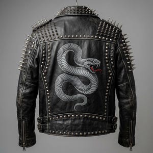 Puede incluir: Chaqueta de cuero negro con púas plateadas en los hombros y el cuello. La espalda presenta una ilustración detallada de una serpiente gris con la lengua roja. La chaqueta tiene un estilo motero clásico con cremallera y tachuelas.