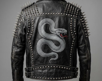 Handmade Men's Studded Punk Leather Jacket - Grey Snake Art Back - Real Leather Spiked Biker Jacket