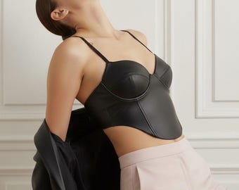 Handmade Black Leather Bustier Corset Top | Women’s Leather Bustier Crop Top | Custom Made Party Outfit | Leather Bra | Gift For Her