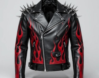 Mens Red Flame Hand-Painted Black Leather Jacket | Spiked Punk Rock Biker Jacket | Metal Studded Heavy Metal Streetwear