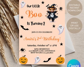 May include: Halloween-themed birthday invitation with a light orange background. The text reads "Our Little Boo Is Turning 2" and "Amiri's 2nd Birthday!" A cartoon cow in a witch costume is featured. Includes bats, stars, ghosts, spiders, and jack-o'-lanterns.