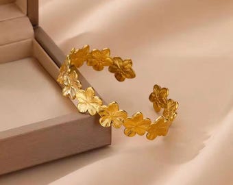 Bracelet Manchette Femme Fleurs Zircon Pierre Verte - Acier Inoxydable - Neuf