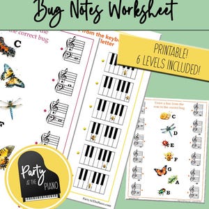 Puede incluir: Una hoja de trabajo de música imprimible titulada "Bug Notes Worksheet" con notas musicales, teclas de piano e ilustraciones de insectos. Incluye el texto "Printable! 6 Levels Included!". Para educación musical.