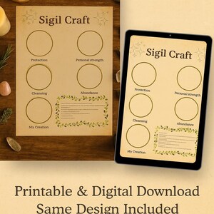 May include: A digital and printable sigil craft design with the text "Sigil Craft" at the top. The design includes circles labeled "Protection", "Personal strength", "Cleansing", "Abundance", and "My Creation". The text "Printable & Digital Download Same Design Included" is also present.