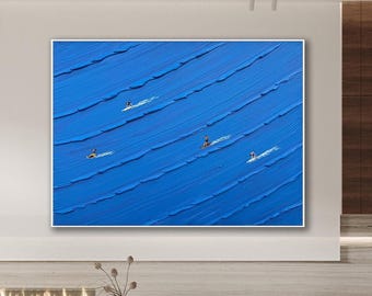 Blauw canvas schilderij surfen: grootschalige 3D-getextureerde abstracte muurkunst, cadeau voor surfliefhebbers