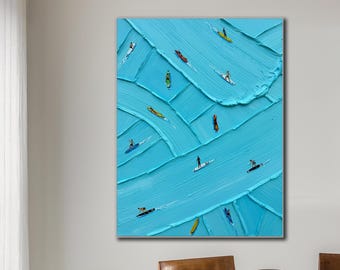 Blauw surfend canvasschilderij: abstracte muurkunst met textuur