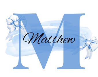 Personalised Baby Boy Nursery Wall Art | Custom Name Initial Print | Blue Watercolour Bow Poster | Kids Room Digital Download