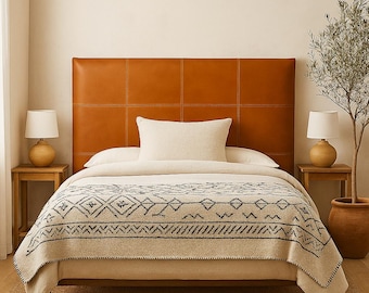 Handmade Cognac Leather Headboard – Modern Brown Bed Backboard, Upholstered Bedroom Decor, Minimalist Wall Panel