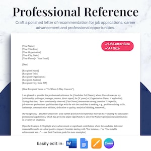 以下が含まれることがあります： 「Professional Reference」のタイトルが付いた、専門的な推薦状のテンプレート。送信者と受信者の情報、推薦文を書くためのセクションが含まれています。USレターとA4サイズのオプションが含まれています。
