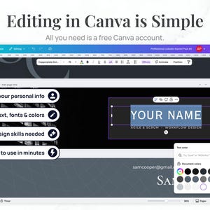 May include: A computer screen displaying a Canva interface with the text "Editing in Canva is Simple." The screen shows a banner template with editable text fields. The text "YOUR NAME" is highlighted. Additional text includes "Easily edit your personal info."