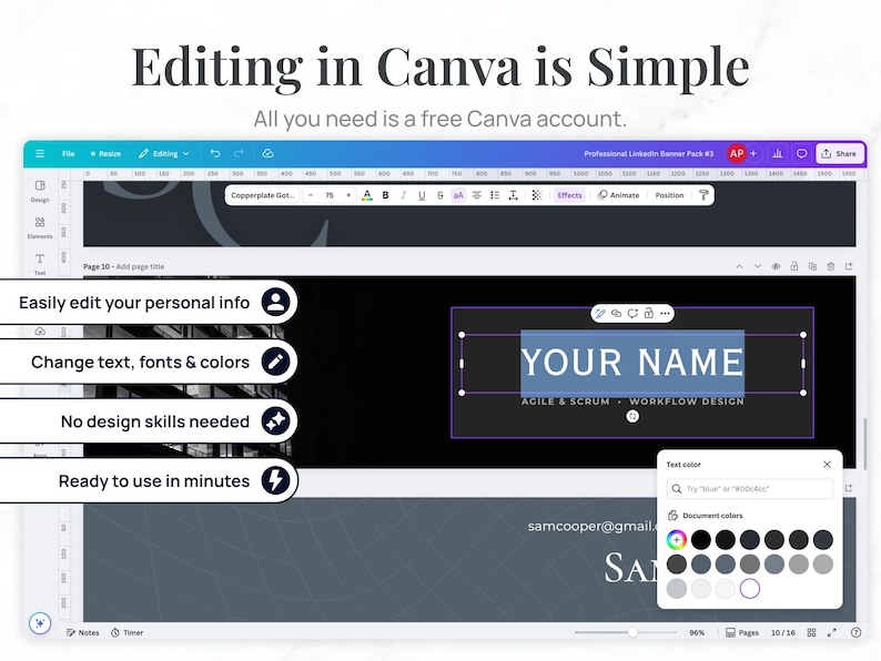 May include: A computer screen displaying a Canva interface with the text "Editing in Canva is Simple." The screen shows a banner template with editable text fields. The text "YOUR NAME" is highlighted. Additional text includes "Easily edit your personal info."