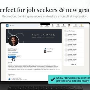May include: A laptop screen displays a LinkedIn profile for Sam Cooper, a project manager. The profile includes a photo, contact information, and a section labeled "About." Text at the top reads "Perfect for job seekers & new grads."