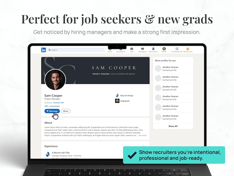 May include: A laptop screen displays a LinkedIn profile for Sam Cooper, a project manager. The profile includes a photo, contact information, and a section labeled "About." Text at the top reads "Perfect for job seekers & new grads."