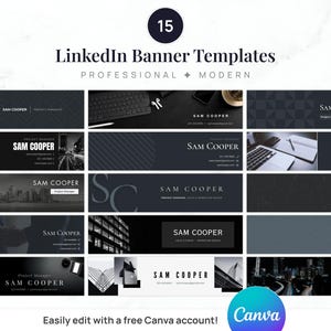 May include: Fifteen LinkedIn banner templates in grey and black tones. Each banner displays "Sam Cooper" and professional titles. The designs are modern, featuring cityscapes and abstract patterns. The Canva logo is also visible.