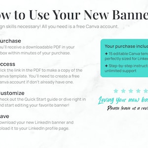 May include: A white graphic with instructions on how to use new banners. The text includes steps for purchase, access, customization, and saving. The purchase includes 15 editable Canva templates for LinkedIn.