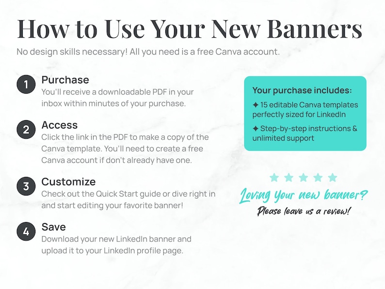 May include: A white graphic with instructions on how to use new banners. The text includes steps for purchase, access, customization, and saving. The purchase includes 15 editable Canva templates for LinkedIn.