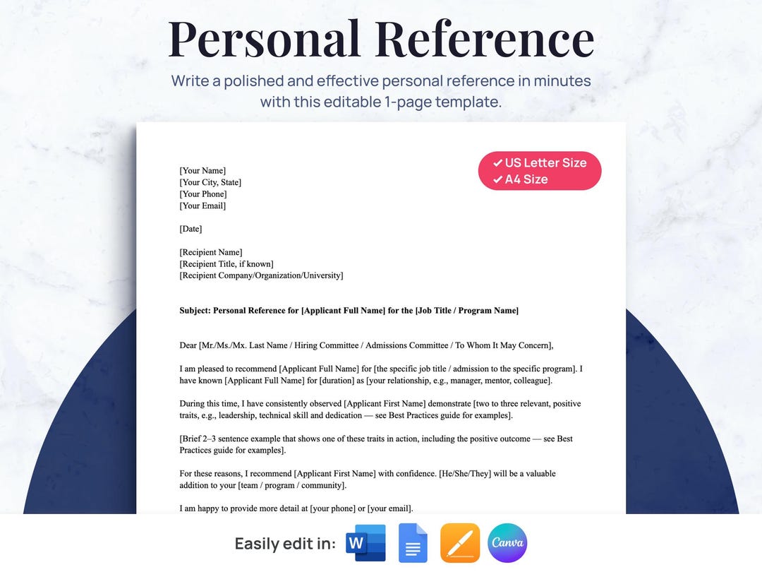 Personal Reference Letter Template | Word, Google Docs, Pages, Canva - Etsy