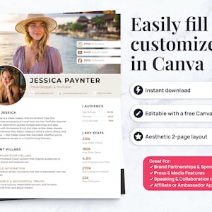 May include: A Canva template for a travel blogger's resume. The design features a photo of the blogger, Jessica Paynter, along with key stats, audience demographics, and content pillars. The template is easily customizable.