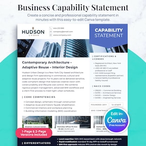 Peut inclure: Modèle de déclaration de capacité professionnelle en bleu et blanc. Le document comprend des sections sur les compétences de base, les certifications et les codes NAICS. Le texte encourage les utilisateurs à modifier le modèle dans Canva.