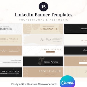 May include: Digital design showcasing 15 LinkedIn banner templates with a professional and aesthetic design. The templates include the name "Jessica Paynter" and are easily editable with a free Canva account.