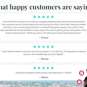 May include: Image featuring customer testimonials with five-star ratings. Text includes positive feedback about a seller's product, customer service, and templates. A woman is shown smiling and holding a phone.